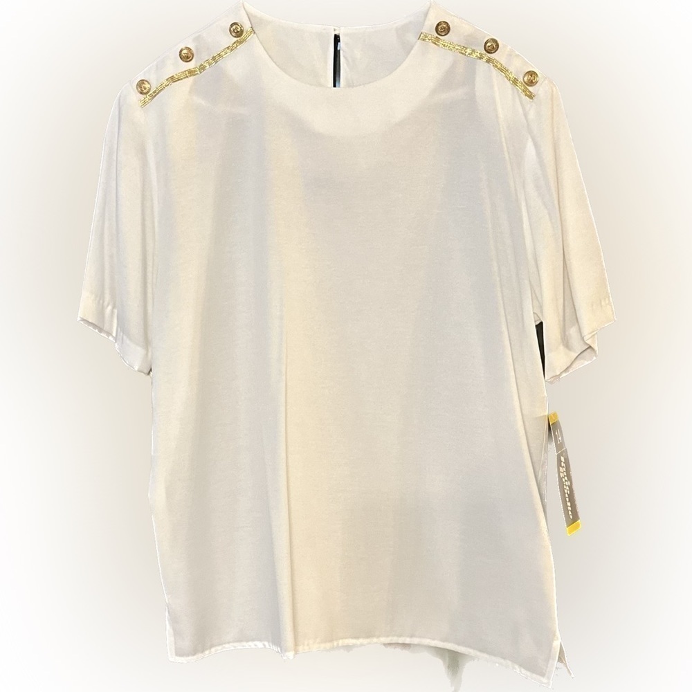 NWT Vintage Katie Brooke Off White blouse Gold Metal button on shoulders Size 14